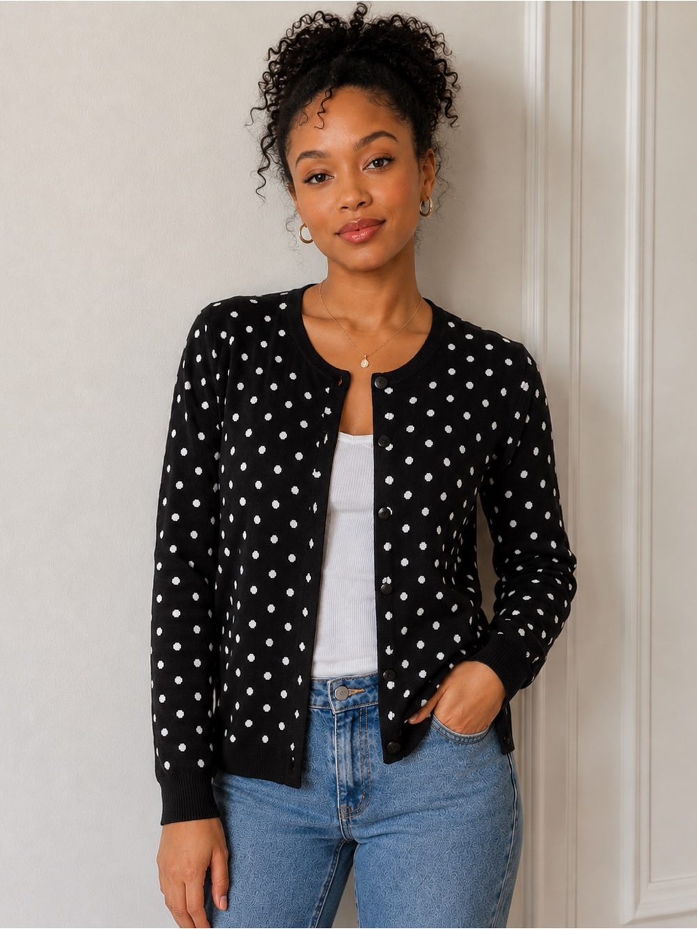 Ann Taylor Black and White Polka Dot Women's Cardigan - Sz M
